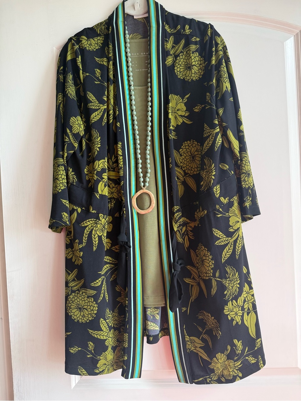 Susan Graver Green and Black Striped Women's Jacket with tank and necklace